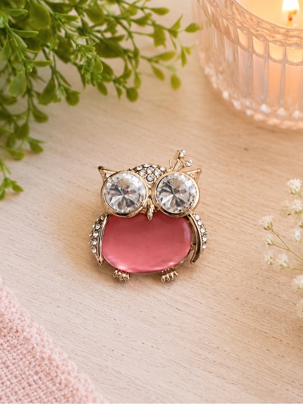 Gold Owl Brooch with Pink Gem and Crystal Eyes